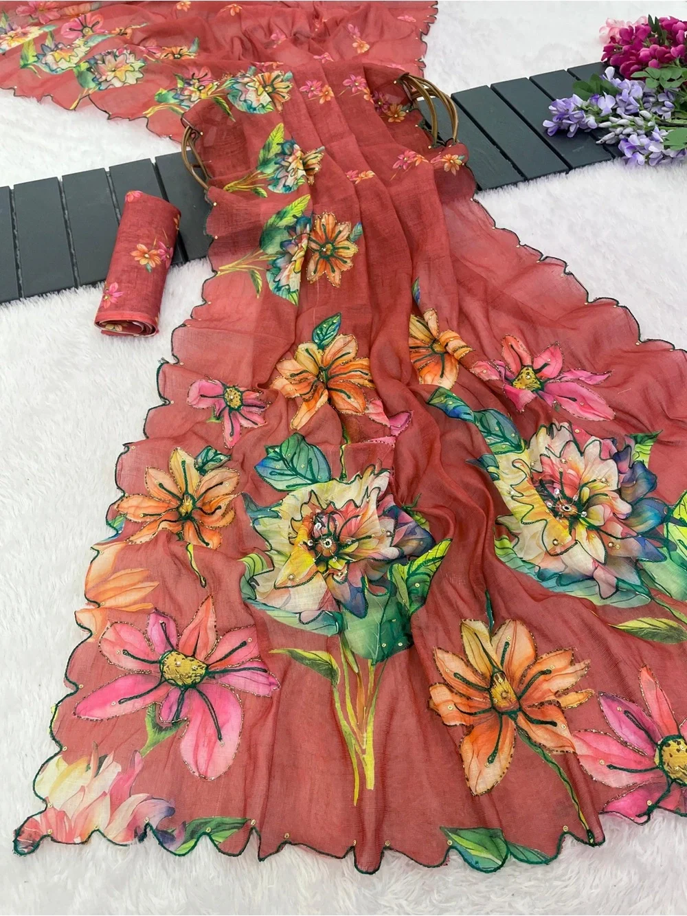 Elegant Floral Rust Hand Painted with Beaded Work Linen Saree